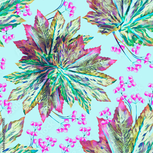 Leaves and berries illustration, seamless pattern.