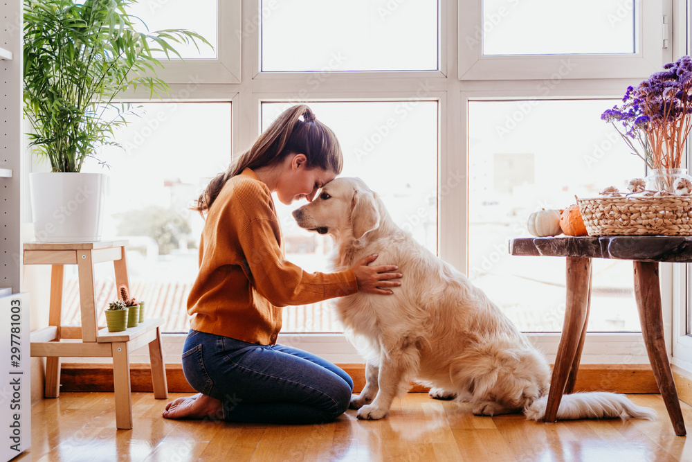 beautiful woman hugging her adorable golden retriever dog at home. love for animals concept. lifestyle indoors - obrazy, fototapety, plakaty 