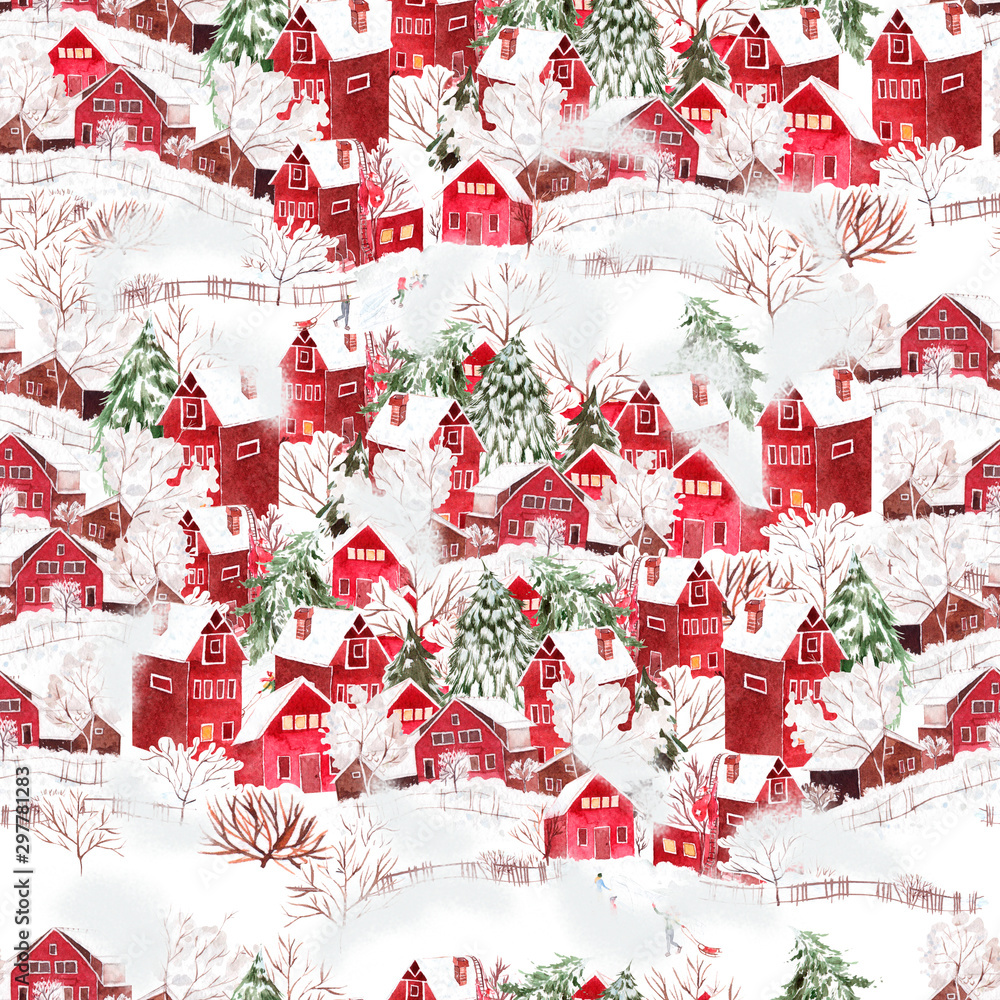 Bright watercolor christmas seamless pattern with funny winter village ...