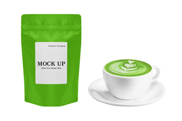 Premium Coffee Packaging Mock up Bag and a cup of matcha green tea latte isolated on white background with clipping path