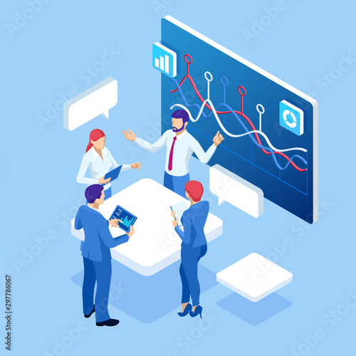 Fotografía Isometric Business data analytics process management or intelligence dashboard on virtual screen showing sales and operations data statistics charts and key performance indicators concept