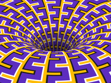 Rotating Hole Of Moving Purple Yellow Ornament. Vector Optical Illusion Background.