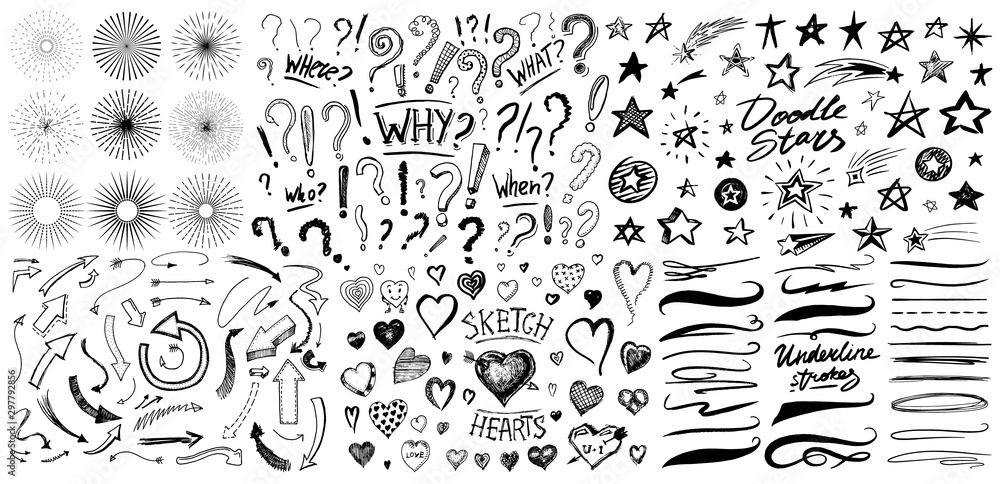 Question exclamation mark, underline and hearts, Star and Marker Brush, artistic lines and strokes. Collection of icons and signs Why. Hand drawn Doodle sketch. Abstract Chaotic grunge Elements. - obrazy, fototapety, plakaty 