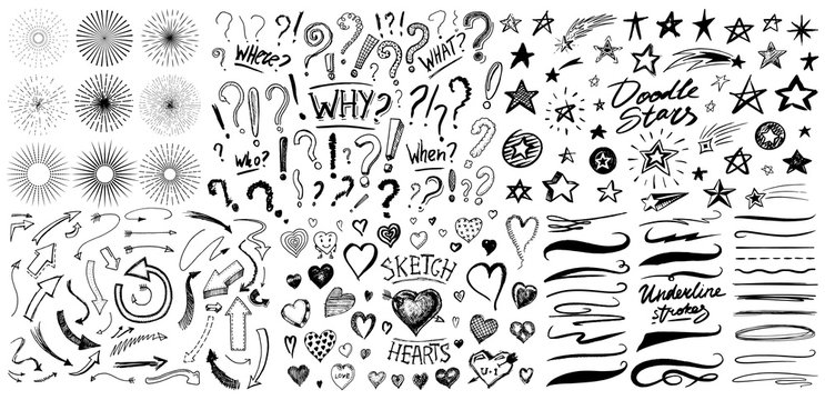 Fototapete - Question exclamation mark, underline and hearts, Star and Marker Brush, artistic lines and strokes. Collection of icons and signs Why. Hand drawn Doodle sketch. Abstract Chaotic grunge Elements.