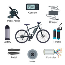 Electric Bike Vector E-bike Transportation With Ecologic Cycle Battery Power Energy Illustration Set Of Ebike Ecological Biking Pedal-assist Charger Console Throttle Isolated On White Background
