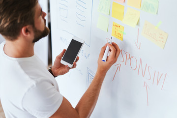 Wall Mural - Young web designer looking at whiteboard with website wireframe ideas and writing notes