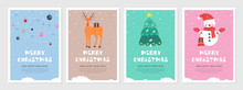 Set Of Christmas And New Year Snow Postcards. Flat Holiday Postcard Template. Collection Color Postcards With Deer, Christmas Tree, Christmas Decoration And Snowman