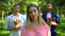 Annoyed Woman With Two Men Holding Flowers Background, Unrequited Love, Choice