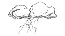 Storm Cloud With Flash Lightning Monochrome Vector. Sky Element Cloud. Cloudscape And Weather Meteorology Engraving Concept Template Hand Drawn In Vintage Style Black And White Illustration
