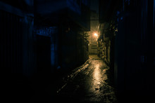 Empty And Dangerous Looking Urban Back-alley At Night Time In Suburbs Hanoi