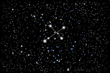 Vector Illustration Of The Constellation Crux (Southern Cross) On A Starry Black Sky Background. The Astronomical Cluster Of Stars In The Southern Celestial Hemisphere