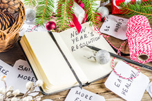 New Year Resolution Concept With Different Plan And Goals, With New Year And Christmas Decorations, Copy Space
