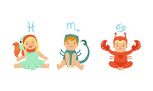 Cute Little Kids Wearing As Zodiac Signs Set, Pisces, Scorpio, Cancer Vector Illustration