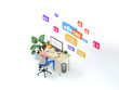 Woman web developer working on freelance. Isometric illustration icon with web development for concept design. 3d render.