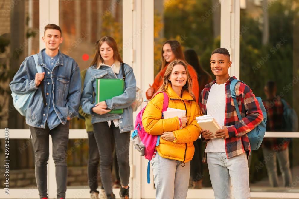 Group of teenage students near university