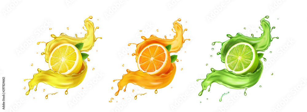 Juice splash lemon, orange, lime set. Citrus splashig fresh collection realistic vector - obrazy, fototapety, plakaty 