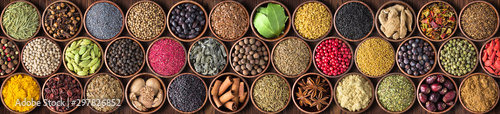 Fototapeta na wymiar Indian seasoning for food, colorful background. spice texture, top view