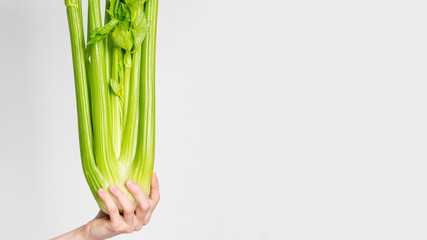  Woman holding green fresh celery. Healthy eating, vegetarian food, dieting and people concept