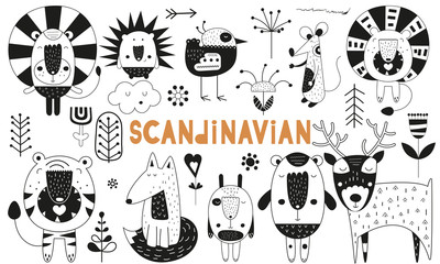 Wall Mural - Monochrome scandinavian animals set. Hand drawn. Doodle cartoon characters for nursery poster, cards, t-shirts. Vector illustration. Bear, lion, tiger, hare, deer, hedgehog, mouse, fox, bird, flowers.