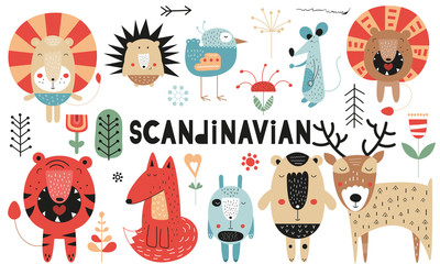 Wall Mural - Cute scandinavian animals set. Hand drawn. Doodle cartoon characters for nursery posters, cards, kids t-shirts. Vector illustration. Bear, lion, tiger, hare, deer, hedgehog, mouse, fox, bird, flowers.