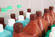 bottles with cleaning and disinfection solution or sanitizer or disinfectant