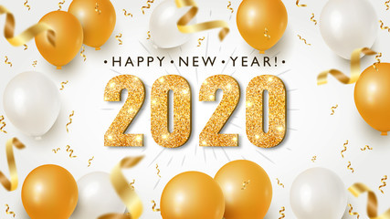 Wall Mural - Happy New Year Banner with Gold 2020 Numbers on Bright Background with Flying Confetti and Air Balloons