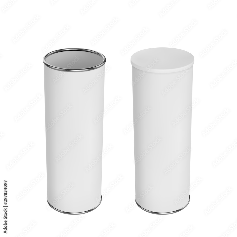 Cylindrical package template for chips, tea or wine. Realistic vector mockup set of closed and opened cans.