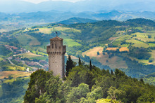 Tower Montale Or Terza Torre Montale Or Third Fortress Tower On Monte Titano, Republic San Marino. Aerial Top View Of Landscape Valley And Hills Of Suburban District