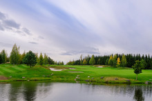 Landscape. Golf Course With Trees, Shrubs, Lake.