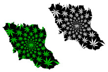 Mukdahan Province (Kingdom Of Thailand, Siam, Provinces Of Thailand) Map Is Designed Cannabis Leaf Green And Black, Mukdahan Map Made Of Marijuana (marihuana,THC) Foliage....