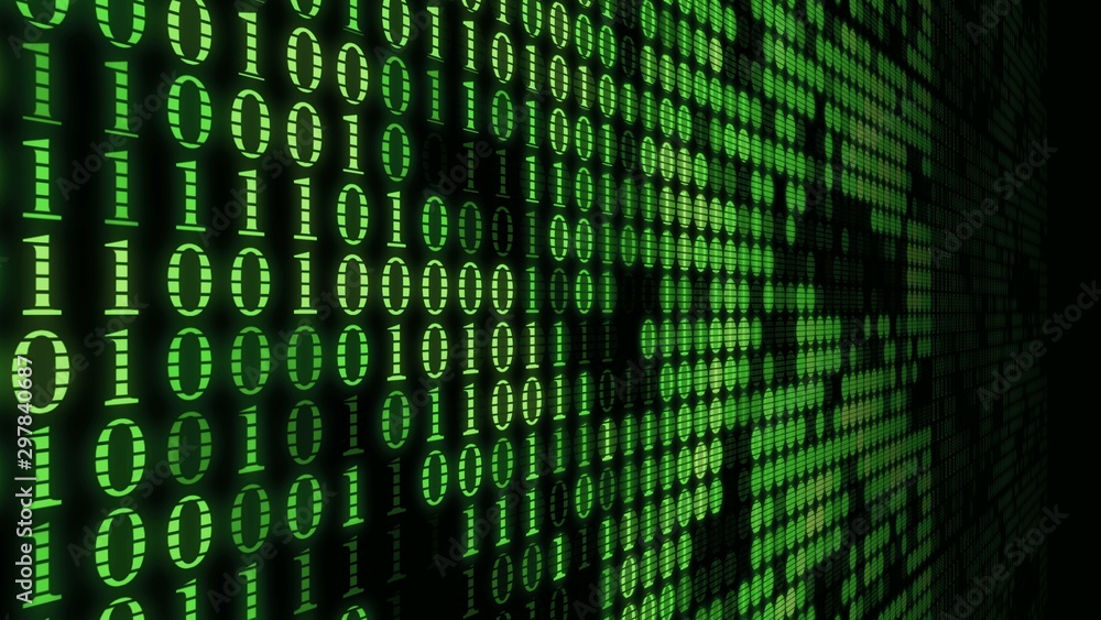 Green wall of numbers matrix machine code blinking computer process ...