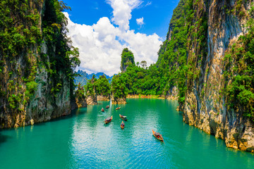 Beautiful mountain and blue sky with cloud in Khao Sok National park locate in Ratchaprapha dam in Surat Thani province, Thailand.