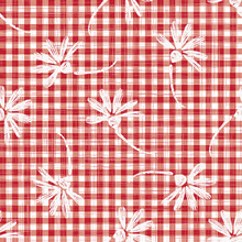 1950s Gingham Seamless Vector Repeat Pattern Background. Red And White Printed With Daisy Motif. Classic Retro Fashion, Picnic Table Cloth Textile Fabric. Vintage Apron Style. Vector Eps 10 Tile