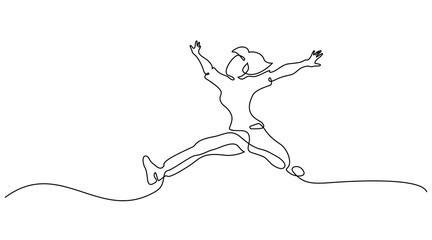 Happy jumping woman. Continuous one line drawing