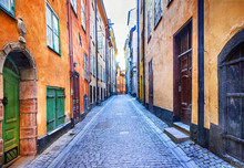 Charming Colorfu Narrow Streets Of Old Town In Stockholm, Sweeden