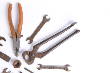 Poster - Old rusty stainless steel crescent wrench isolated on white top view