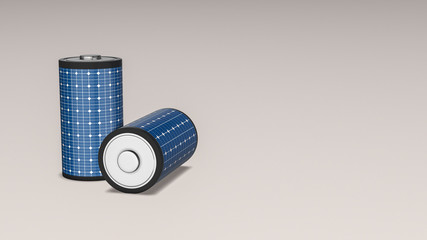 two batteries covered with solar panels, concept of renewable energy, copy space (3d render)