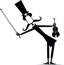 Cartoon Long Mustache Violinist Illustration Isolated. Long Mustache Man In The Top Hat With Violin And Fiddlestick Black On White Illustration