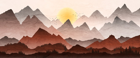 Mountain landscape illustration, with sunset and mist in valley.