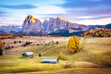 Wall Mural - Mystic  fantastic autumn landscape with wooden houses in the backgroundin Alpe di Siusi in the Dolomites Alps. Exotic amazing places. (Meditation, rest, calm, anti-stress, relaxation - concept)