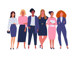 Wall Mural - Business ladies team. Vector illustration of diverse standing cartoon women in office outfits. Isolated on white.