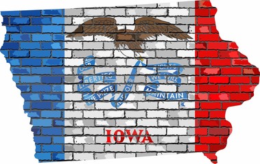 Wall Mural - Iowa map on a brick wall - Illustration,   The state of Iowa map with flag inside