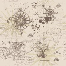 Vector Abstract Seamless Background On The Theme Of Travel, Adventure And Discovery. Old Hand Drawn Map With Vintage Sailing Yachts, Wind Rose, Routs, Nautical Symbols And Handwritten Inscriptions