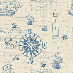 Naklejka na meble Wektorowy abstrakcjonistyczny bezszwowy tło na temacie podróż, przygoda i odkrycie. Ręcznie rysowana mapa z rocznika jachtów żaglowych, róży wiatrów, tras, symboli morskich i odręcznych napisów