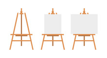 Vector Set Of Brown Sienna Wooden Easels With Mock Up Empty Blank Canvases Isolated On Background Paint Desk And White Paper Isolated On Background. Vector Illustration Web Site Page And Mobile App.