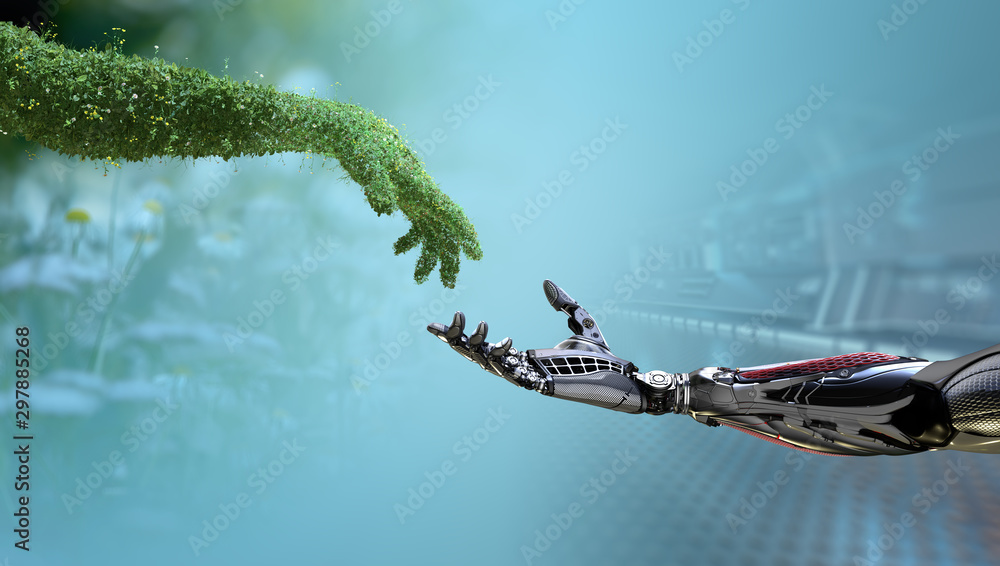 Green technology conceptual design, human arm covered with grass and lush and robotic hand, 3d render - obrazy, fototapety, plakaty 