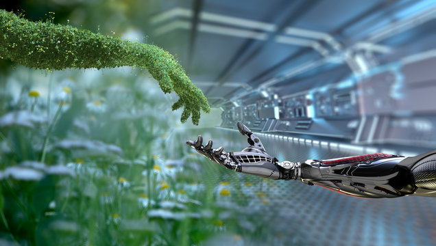 green technology conceptual design, human arm covered with grass and lush and robotic hand, 3d rende