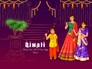 Wall Mural - vector illustration of Indian family people celebrating Happy Diwali festival holiday of India