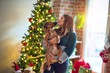 © Krakenimages.com - Young beautiful woman smiling happy and confident. Holding and hugging dog around christmas tree at home