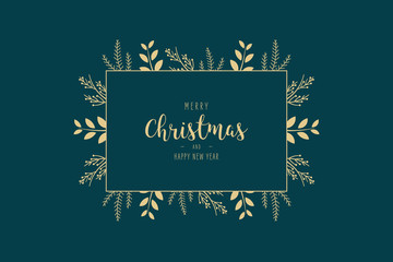 Sticker - Merry Christmas modern elegant card with frame banner greetings and golden fir pine branches on green background